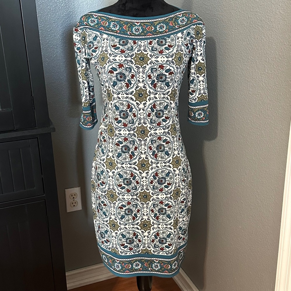 Max Studio Dress Small‎ Boho Medallion Sheath Stretch 3/4 Sleeve Cottagecore